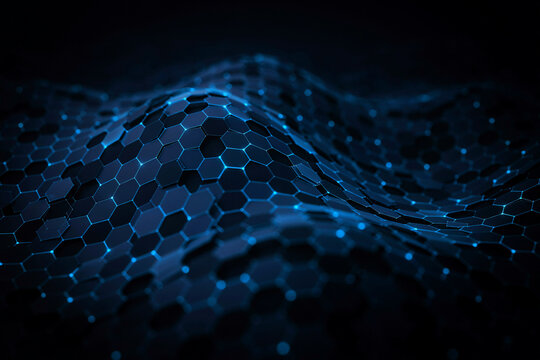 3D render of a dark blue wavy hexagonal grid surface with glowing light points at the intersections, abstract geometric background pattern