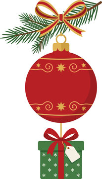 Christmas Vibrant red ornament with festive green gift box and pine branch for holiday greeting cards and social media