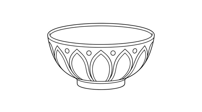 Black outline vector icon of a bowl with thick rim, foot base and pointed petal band with dot accents drawn in medium black lines in centered front-view composition emphasizing tableware design