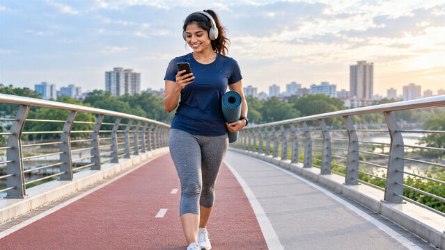 Indian Woman Walking on Urban Fitness Track with Yoga Mat and Smartphone