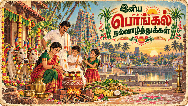 Vintage Tamil Pongal Greeting Card with Traditional Pot, Sugarcane and Rural Harvest Celebration
