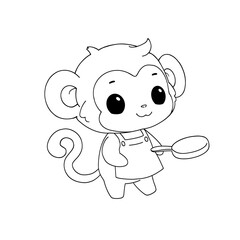 Cute little monkey chef cooking line art black and white coloring book page png © zukinny6
