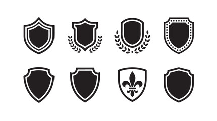 Group of shield emblems featuring laurel wreaths and fleur de lis symbols for awards, heraldry, and recognition designs. © Rouson