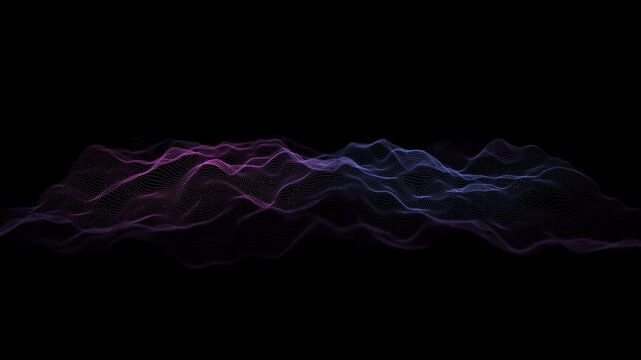 Abstract array lines on surface connected color dots in dynamic wave animation. Wireframe of lines connecting point in cyberspace. Technology concept.