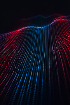 Abstract 3D render featuring parallel glowing dotted lines in vibrant red and blue colors against a deep background