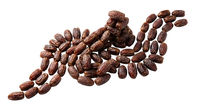 Dried date fruits arranged in wavy pattern, sweet organic medjool dates on white background, healthy vegan snack food ingredients