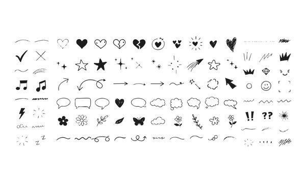 Hand Drawn Doodle Elements Set with Hearts, Stars, Arrows and Speech Bubbles.
