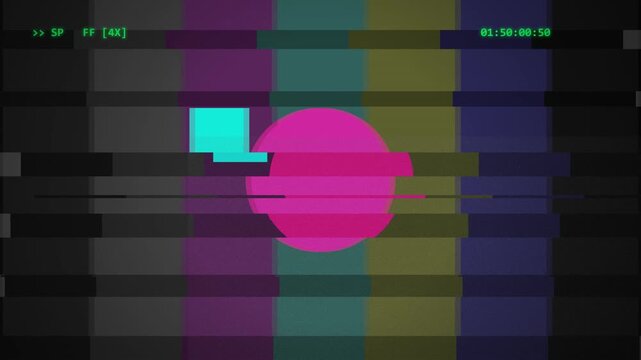 Glitchy retro TV test pattern with circle and timer