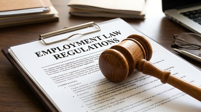 Gavel resting on employment law regulations document in professional