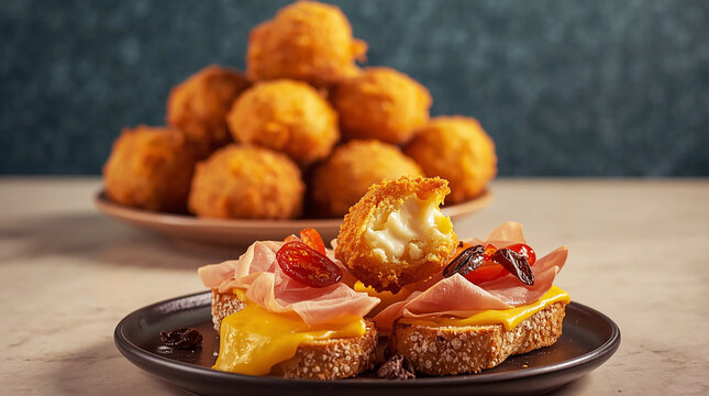 Ultra-realistic food photography of golden crispy fried chicken balls stacked on a plate, with toasted bread topped with melted cheese, ham, and fresh tomato slices in the foreground, warm natural lig