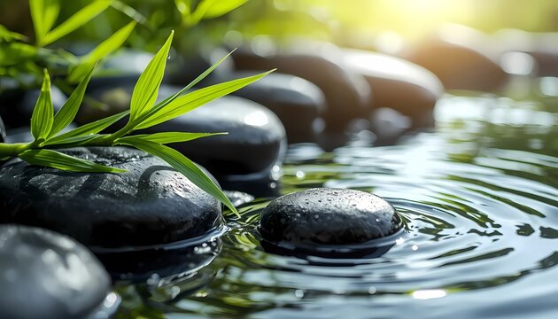 Zen spa background with black stones bamboo and copy space banner