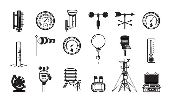 Weather measurement tool icons featuring meteorological equipment in black vector.