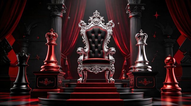Luxury ornate empty silver and black royal throne surrounded by large red black chess pieces in dark hall with red curtains representing strategy leadership and power concept