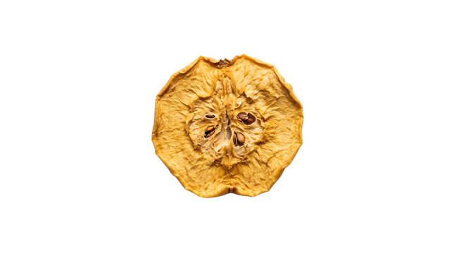 Dried apple slice with wrinkled texture isolated on white background, dehydrated organic fruit chip for healthy snacking and food packaging design
