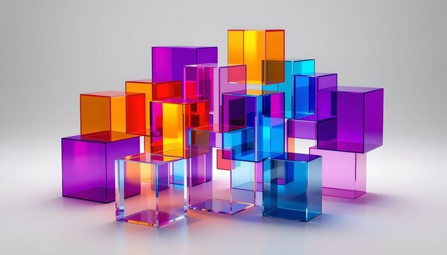 The image features a collection of colorful, translucent cubes arranged in a seemingly random pattern on a light gray background
