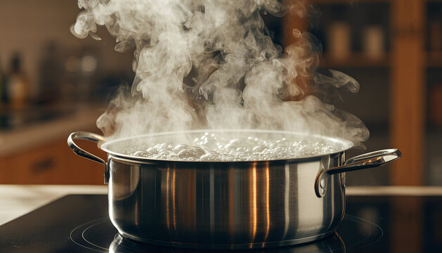 ​Hot Water Boiling in Stainless Steel Cooking Pot with Heavy Steam Vapor Rising on Stove Kitchen Background