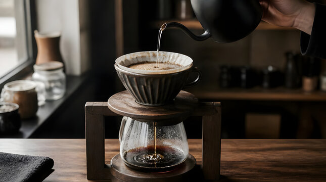Adult hand pouring hot water into pour over coffee dripper on wooden stand kitchen daylight jars mugs cooking beverage lifestyle