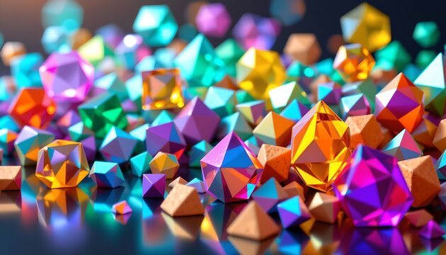 The image features a colorful assortment of geometric objects, primarily polyhedral shapes, scattered across a dark surface