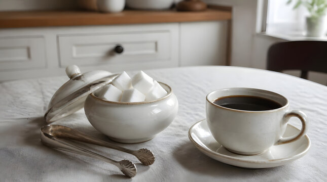 Minimalist breakfast setup ceramic sugar bowl dark coffee cup cozy kitchen serene dining area