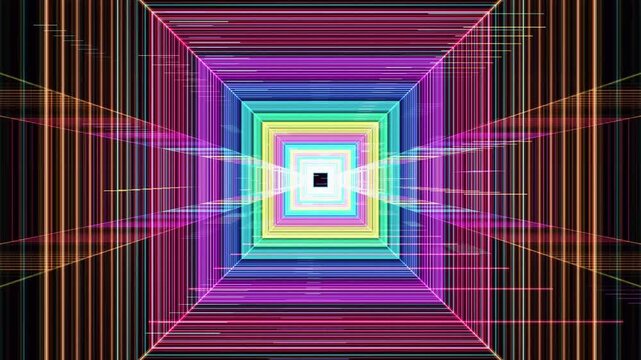 Tunnel flythrough animation with neon square wireframes on dark background