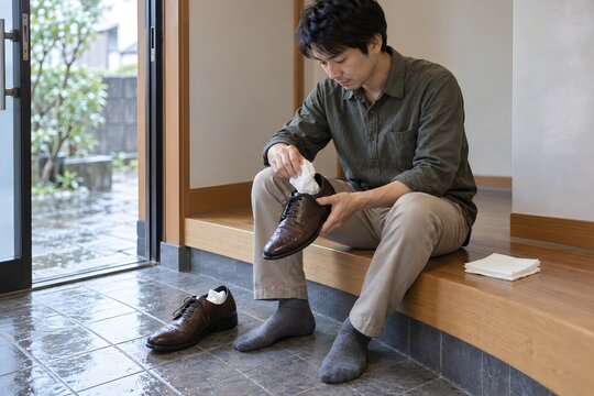 玄関で濡れた革靴に吸水用の紙を入れる男性