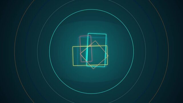Squares and concentric circles with neon glow rotating on dark background