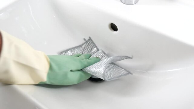 Cleaning a sink with a scrubber and rubber gloves in a kitchen
