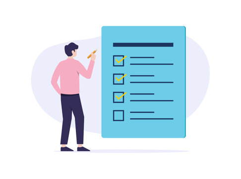 A man checking list symbol, illustration for task planning, productivity, project management, to do lists, surveys, and goal tracking