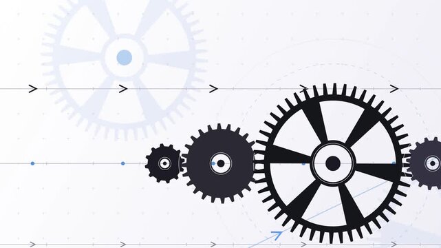 Gears turning on white background with mechanical design and grid lines