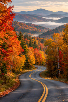 Winding road stretching through colorful autumn foliage in Vermont's Green Mountains during a misty morning.