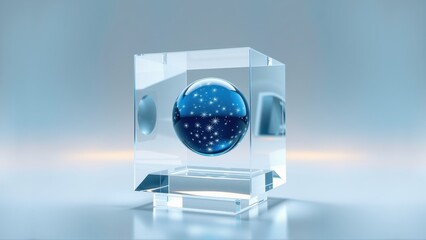 Fototapeta premium Glass cube contains sphere. Stars visible inside. Soft lighting creates dramatic effect. Minimalist composition, clean lines.
