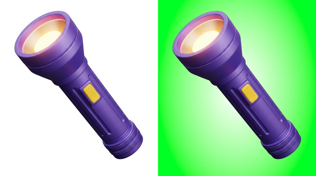 Purple flashlight with illuminated beam on green background