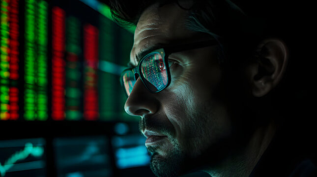 Male day trader intensely analyzing financial charts on computer screens glowing under office lights realistic close up of focused professional s