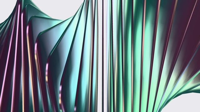 Close-up of iridescent teal and burgundy metal plates fanning upward