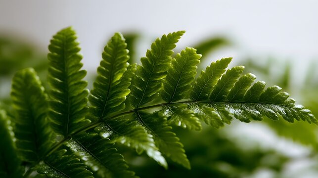 Close up of vibrant green fern fronds with detailed leaf structure and soft natural lighting