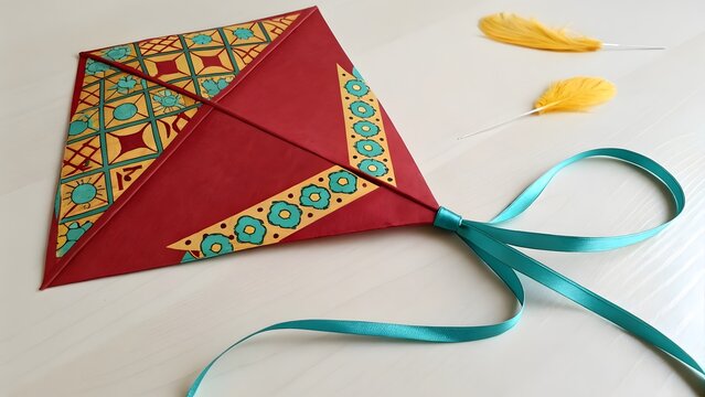 Handmade red kite with teal ribbon and decorative patterns against a soft light background with feathers