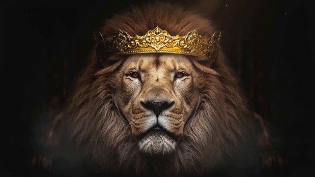 Majestic Lion Wearing Golden Crown Gazing Forward in Dark Regal Setting Cinematic Portrait