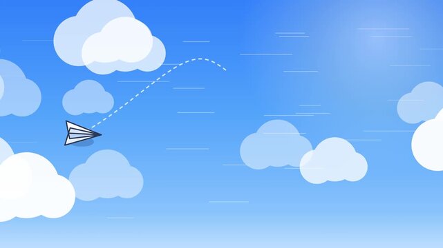 Paper airplane flying through clouds in a blue sky vector illustration