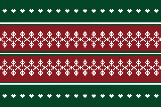 Nordic Fair Isle Christmas Seamless Pattern Background. Traditional Red and Green Nordic Pixel Ornament Vector Pattern. Red and Green Scandinavian Sweater Pixel Border Design Pattern. 
