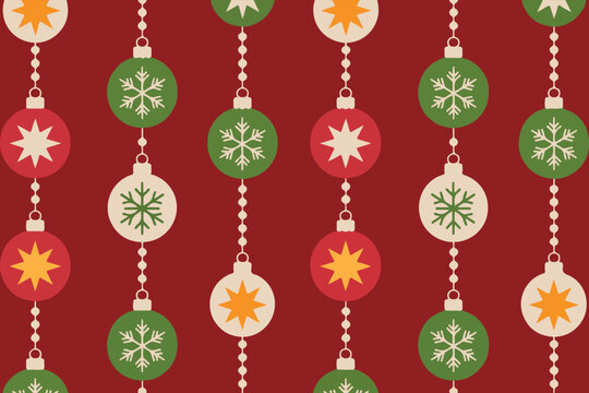 Christmas Ornaments and Snowflakes Seamless Pattern Background. Retro Vintage Christmas Baubles Hanging Vector Seamless Pattern. Red and Green Christmas Ball Ornaments Seamless Pattern Background. 