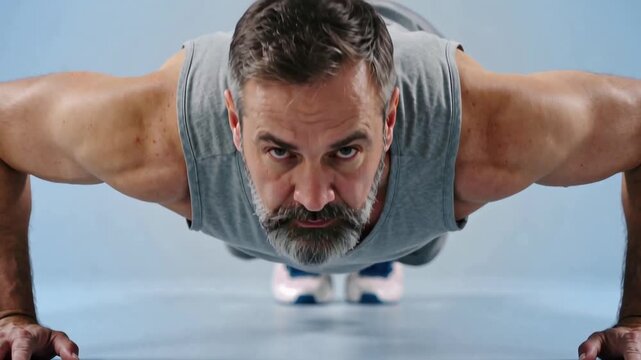 Mature Man Performing Push-Ups in Studio with Focused Expression and Defined Muscles under Soft Lighting