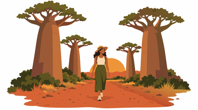 Woman in straw hat walking on red dusty road among giant baobab trees at sunset, flat vector travel illustration of Madagascar Avenue of Baobabs beautiful savanna landscape with orange sun
