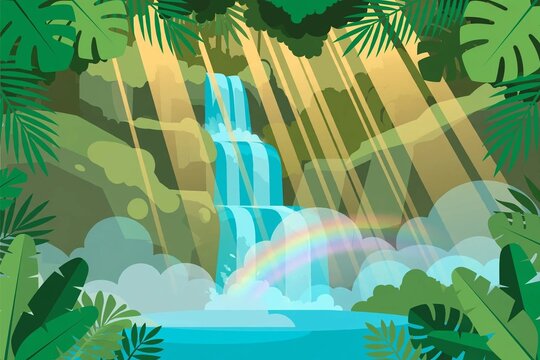 Tropical waterfall in lush jungle with rainbow mist, flat vector illustration