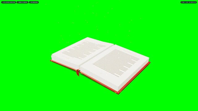 Photorealistic 3D open hardcover book continuously flipping pages with natural paper bending flex, embossed gold foil leather cover, floating magical sparkles, and soft contact shadow on chroma greens