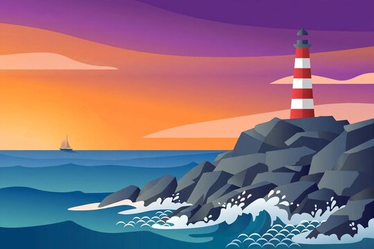 Red and white lighthouse on rocky cliff at sunset with crashing waves, flat vector illustration
