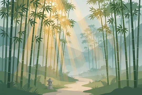 Serene bamboo forest path with golden sunbeams, flat vector illustration