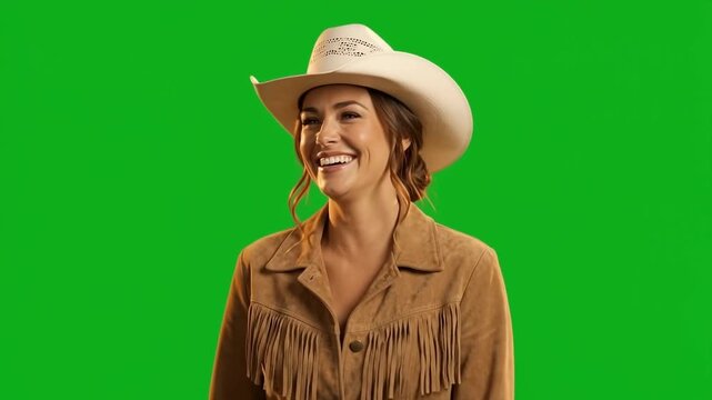 Cowgirl in white hat laughing and swaying cheerfully on green screen
