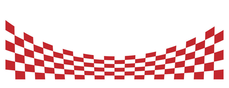 Red and white checkerboard wave border with curved racing flag design. Dynamic geometric pattern creates a sense of speed and motion for sports, gaming, banners, and posters. Clean editable vector 