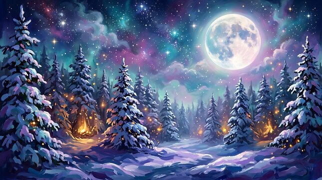 Enchanted snowy winter forest landscape at night with glowing campfire under a bright full moon