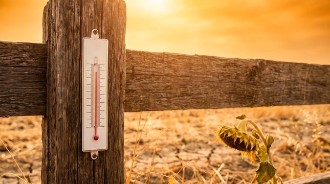 Thermometer showing extreme high temperature on wooden fence during dangerous heatwave with cracked dry soil and withered sunflower